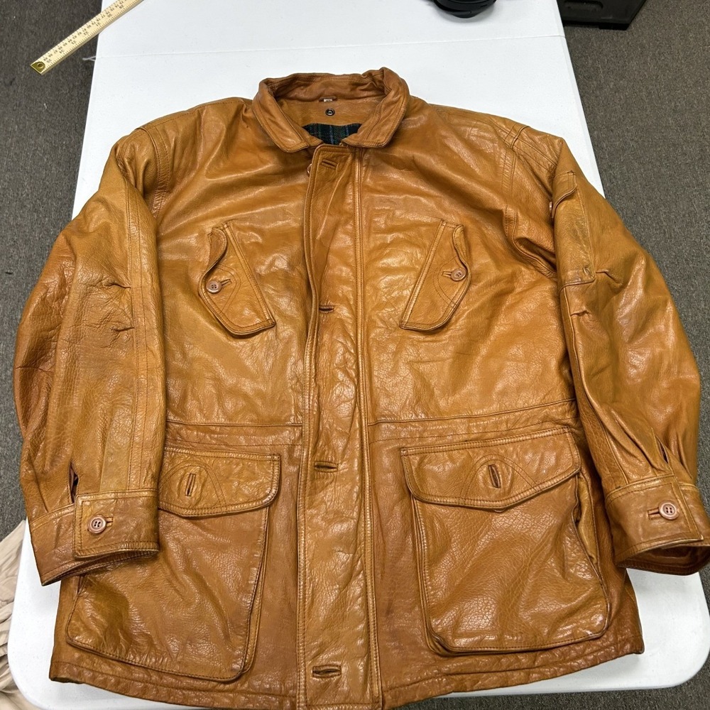 Unbranded Leather Field Jacket Mens 54 Tan Plaid Lined Utility Barn Coat